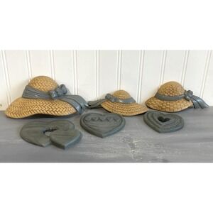 Vintage Burwood Plastic 3 Straw Hats & 3 Hearts Wall Art Cottage Blue‎ Bow MCM